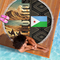 Djibouti Desert Landscape Tadjoura Beach Blanket with Camel Riders and Tribal Pattern Design