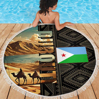 Djibouti Desert Landscape Tadjoura Beach Blanket with Camel Riders and Tribal Pattern Design