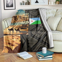 Djibouti Desert Landscape Tadjoura Blanket with Camel Riders and Tribal Pattern Design