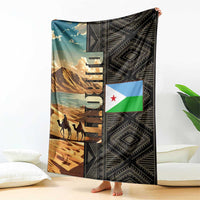Djibouti Desert Landscape Tadjoura Blanket with Camel Riders and Tribal Pattern Design