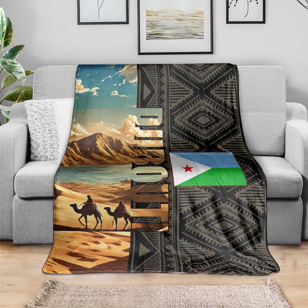 Djibouti Desert Landscape Tadjoura Blanket with Camel Riders and Tribal Pattern Design