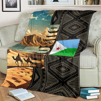 Djibouti Desert Landscape Tadjoura Blanket with Camel Riders and Tribal Pattern Design