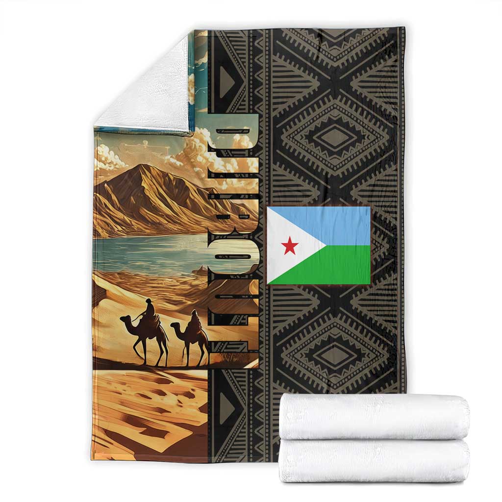 Djibouti Desert Landscape Tadjoura Blanket with Camel Riders and Tribal Pattern Design
