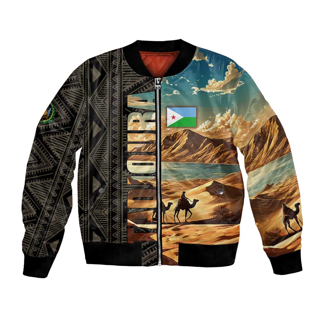 Djibouti Desert Landscape Tadjoura Bomber Jacket with Camel Riders and Tribal Pattern Design
