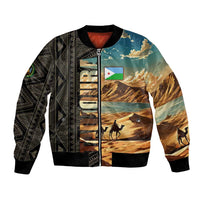 Djibouti Desert Landscape Tadjoura Bomber Jacket with Camel Riders and Tribal Pattern Design