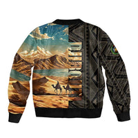 Djibouti Desert Landscape Tadjoura Bomber Jacket with Camel Riders and Tribal Pattern Design