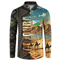 Djibouti Desert Landscape Tadjoura Button Sweatshirt with Camel Riders and Tribal Pattern Design
