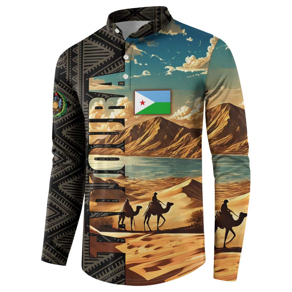 Djibouti Desert Landscape Tadjoura Button Sweatshirt with Camel Riders and Tribal Pattern Design