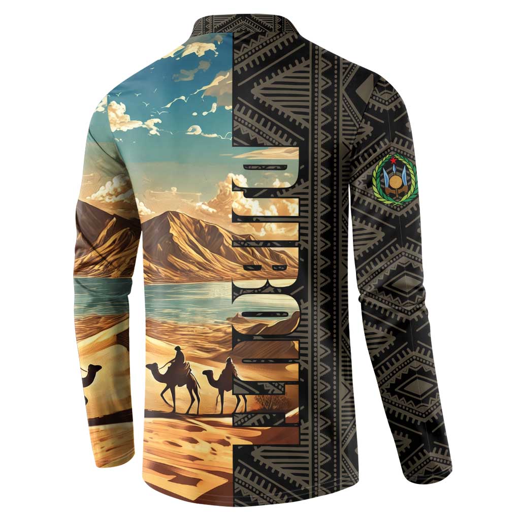 Djibouti Desert Landscape Tadjoura Button Sweatshirt with Camel Riders and Tribal Pattern Design