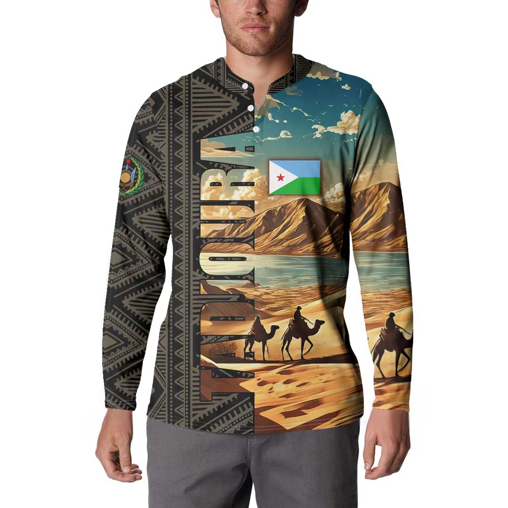 Djibouti Desert Landscape Tadjoura Button Sweatshirt with Camel Riders and Tribal Pattern Design