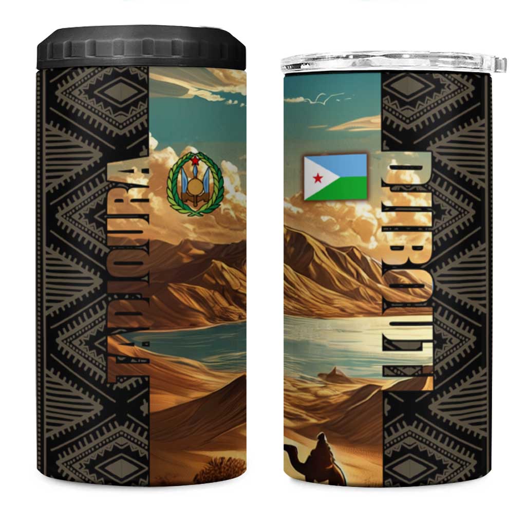 Djibouti Desert Landscape Tadjoura 4 in 1 Can Cooler Tumbler with Camel Riders and Tribal Pattern Design