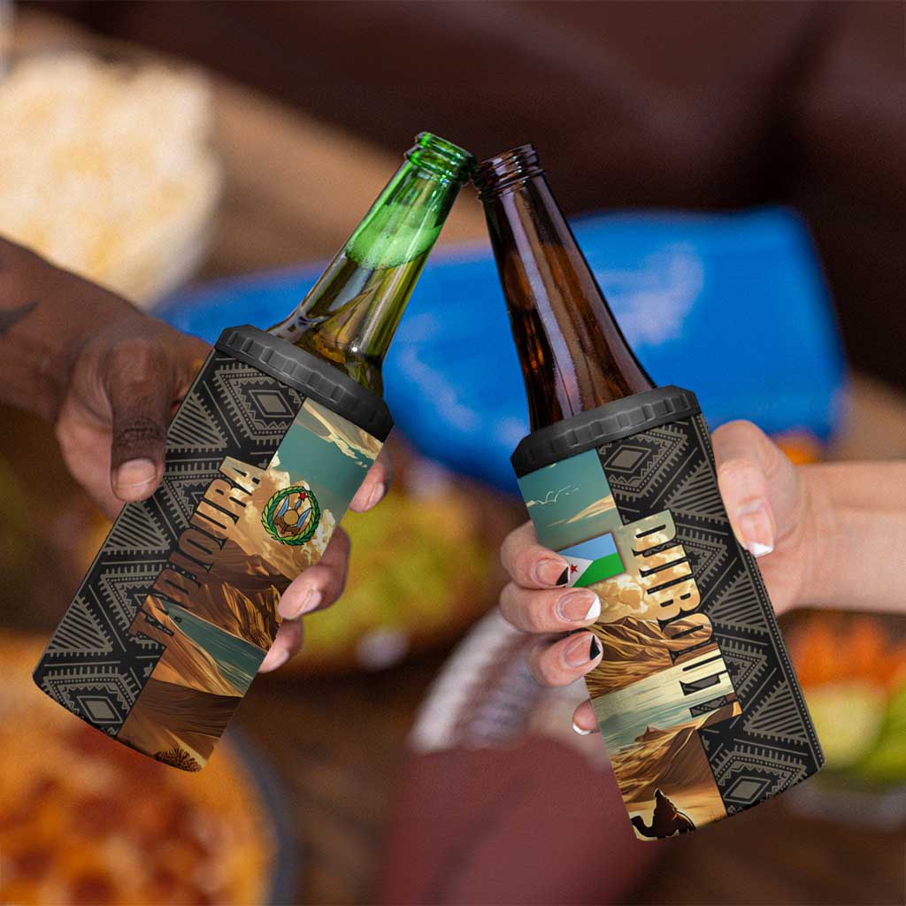 Djibouti Desert Landscape Tadjoura 4 in 1 Can Cooler Tumbler with Camel Riders and Tribal Pattern Design