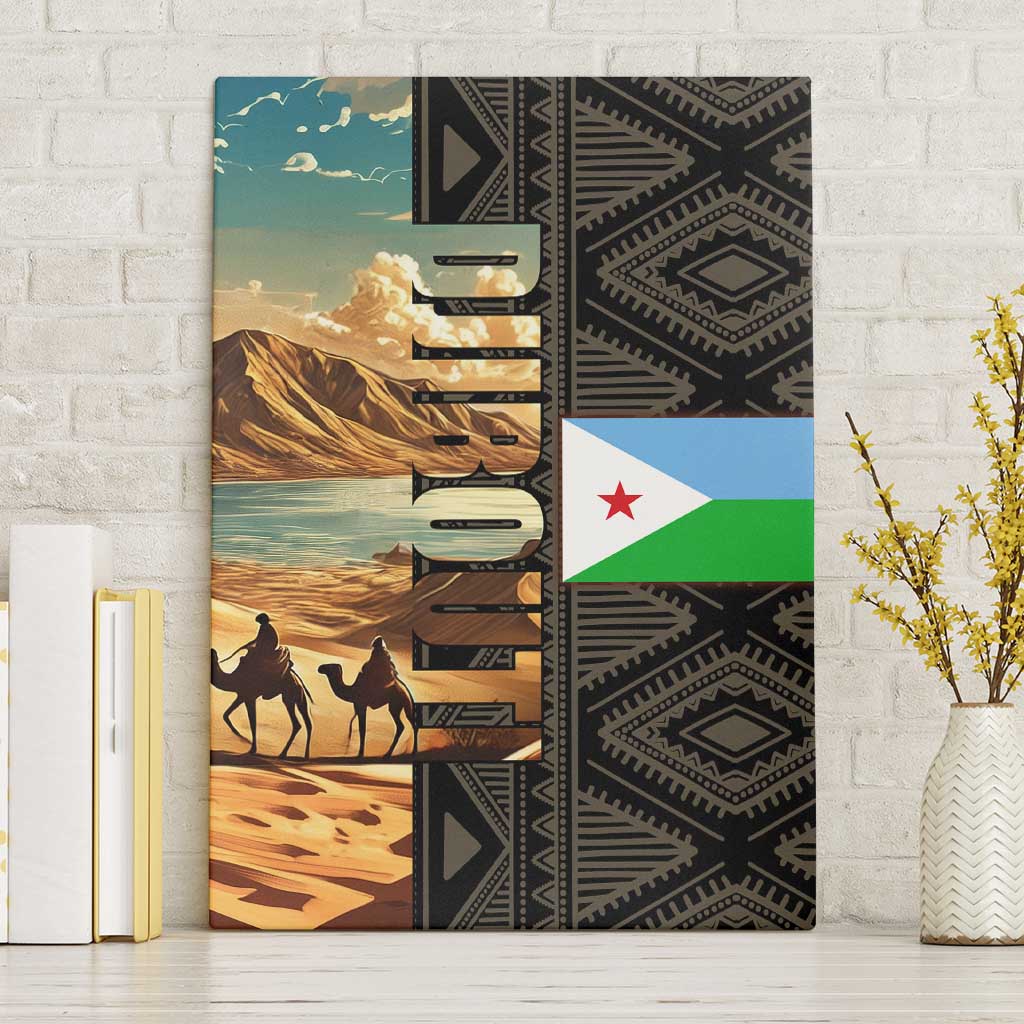 Djibouti Desert Landscape Tadjoura Canvas Wall Art with Camel Riders and Tribal Pattern Design