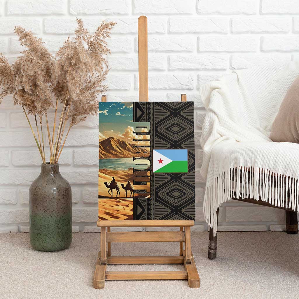 Djibouti Desert Landscape Tadjoura Canvas Wall Art with Camel Riders and Tribal Pattern Design