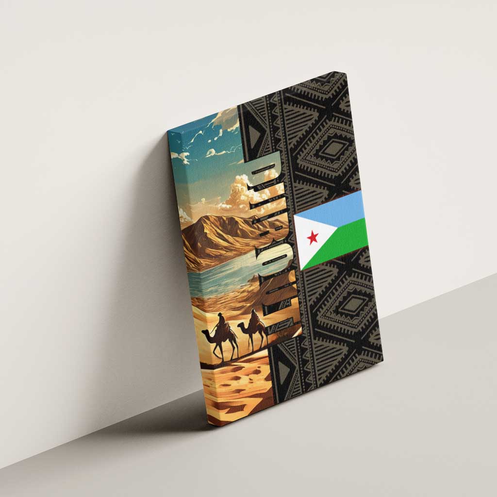 Djibouti Desert Landscape Tadjoura Canvas Wall Art with Camel Riders and Tribal Pattern Design