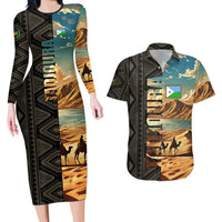 Djibouti Desert Landscape Tadjoura Couples Matching Long Sleeve Bodycon Dress and Hawaiian Shirt with Camel Riders and Tribal Pattern Design