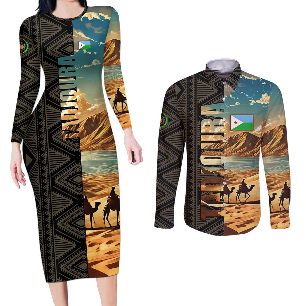 Djibouti Desert Landscape Tadjoura Couples Matching Long Sleeve Bodycon Dress and Long Sleeve Button Shirt with Camel Riders and Tribal Pattern Design