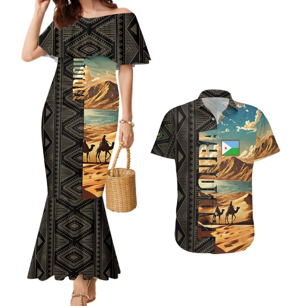 Djibouti Desert Landscape Tadjoura Couples Matching Mermaid Dress and Hawaiian Shirt with Camel Riders and Tribal Pattern Design