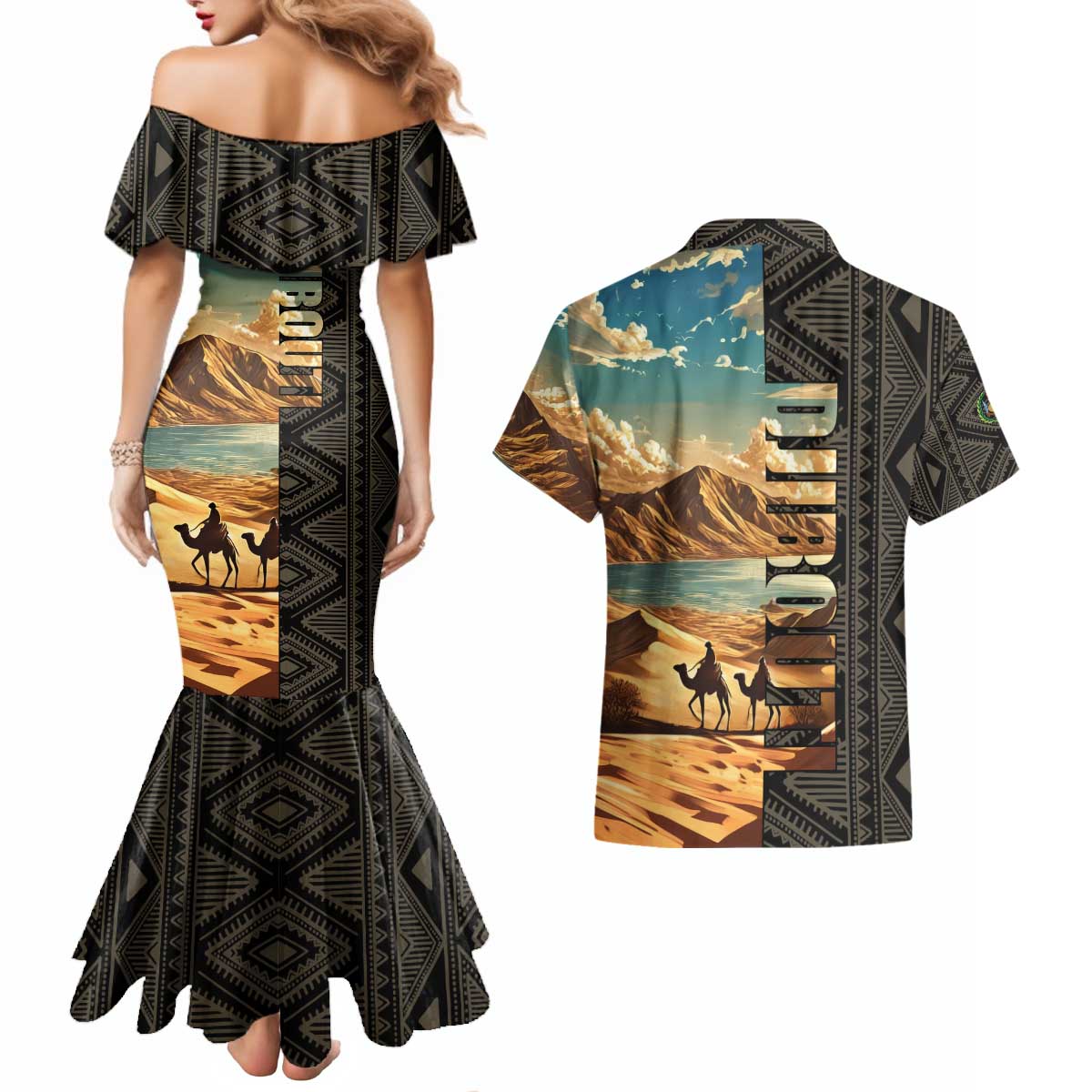 Djibouti Desert Landscape Tadjoura Couples Matching Mermaid Dress and Hawaiian Shirt with Camel Riders and Tribal Pattern Design
