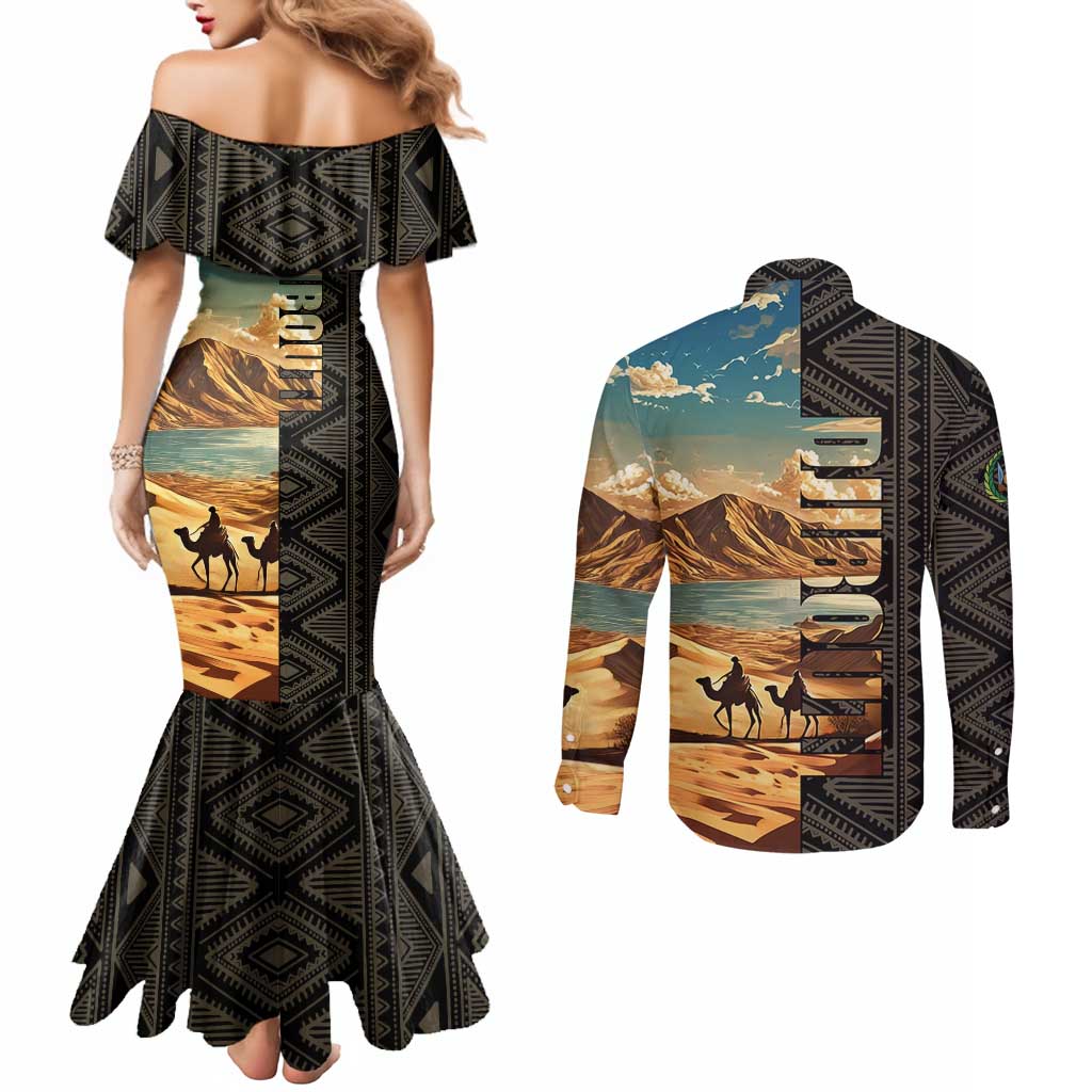 Djibouti Desert Landscape Tadjoura Couples Matching Mermaid Dress and Long Sleeve Button Shirt with Camel Riders and Tribal Pattern Design