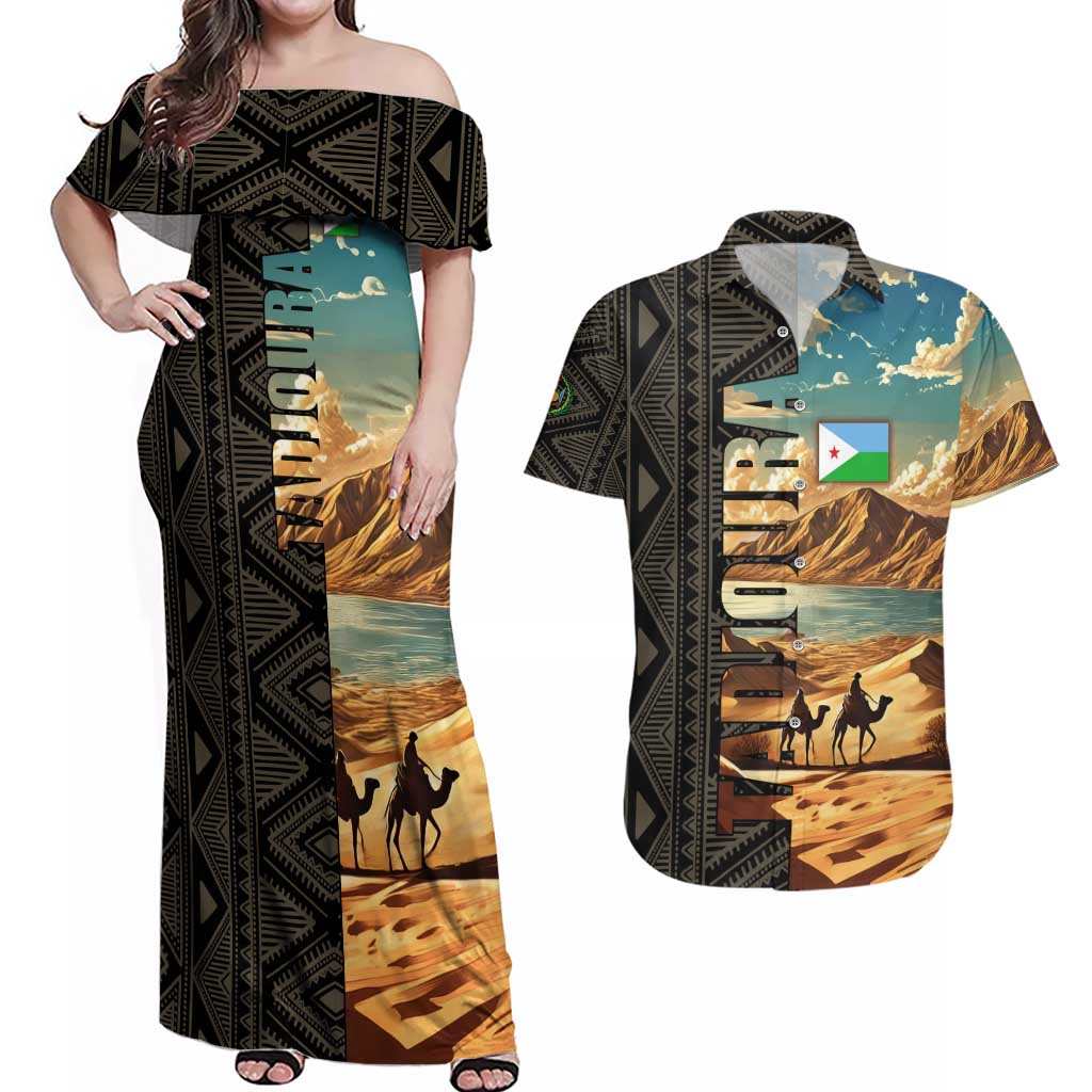 Djibouti Desert Landscape Tadjoura Couples Matching Off Shoulder Maxi Dress and Hawaiian Shirt with Camel Riders and Tribal Pattern Design
