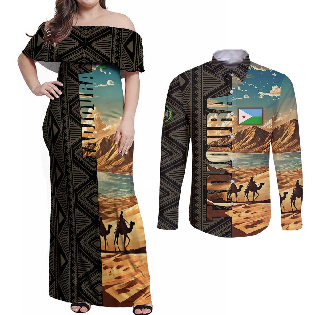 Djibouti Desert Landscape Tadjoura Couples Matching Off Shoulder Maxi Dress and Long Sleeve Button Shirt with Camel Riders and Tribal Pattern Design