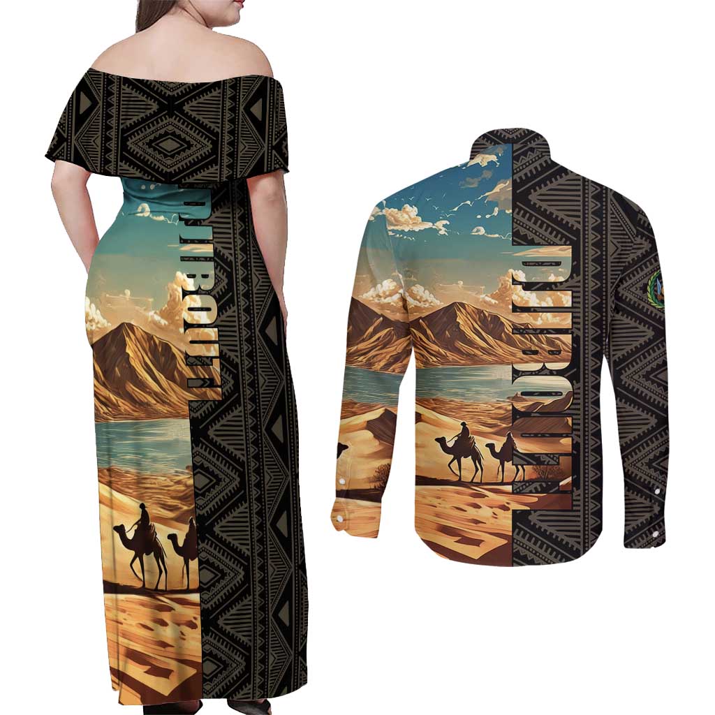 Djibouti Desert Landscape Tadjoura Couples Matching Off Shoulder Maxi Dress and Long Sleeve Button Shirt with Camel Riders and Tribal Pattern Design
