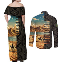 Djibouti Desert Landscape Tadjoura Couples Matching Off Shoulder Maxi Dress and Long Sleeve Button Shirt with Camel Riders and Tribal Pattern Design