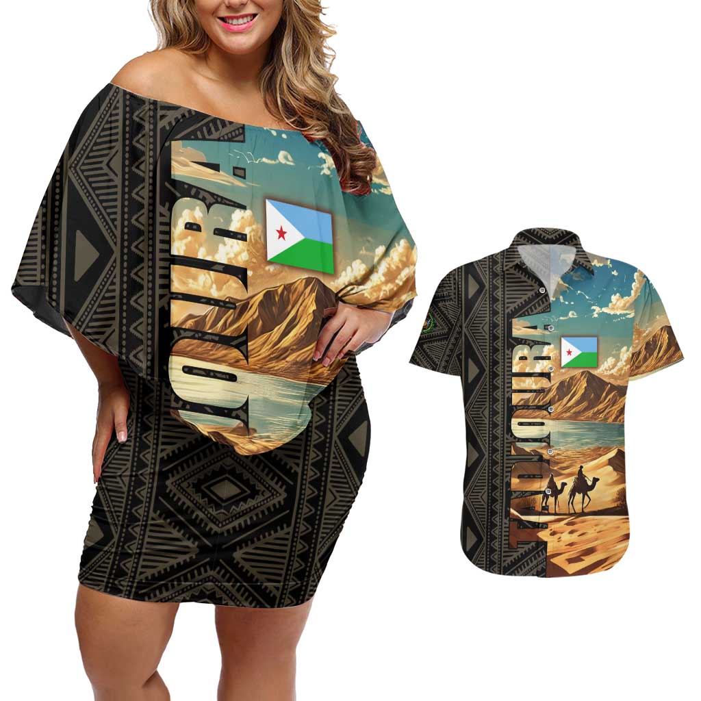 Djibouti Desert Landscape Tadjoura Couples Matching Off Shoulder Short Dress and Hawaiian Shirt with Camel Riders and Tribal Pattern Design