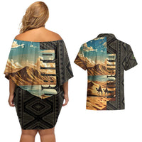 Djibouti Desert Landscape Tadjoura Couples Matching Off Shoulder Short Dress and Hawaiian Shirt with Camel Riders and Tribal Pattern Design