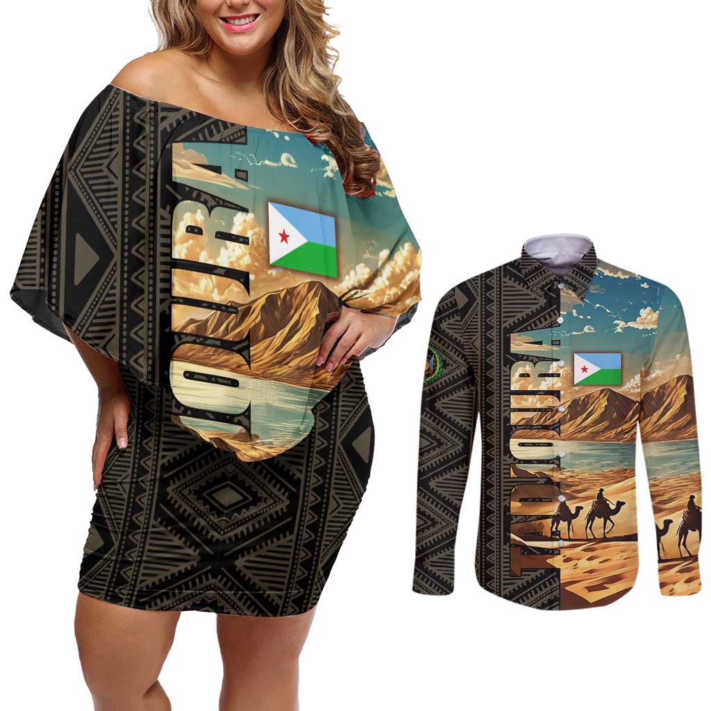 Djibouti Desert Landscape Tadjoura Couples Matching Off Shoulder Short Dress and Long Sleeve Button Shirt with Camel Riders and Tribal Pattern Design
