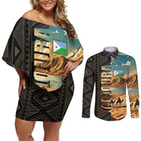 Djibouti Desert Landscape Tadjoura Couples Matching Off Shoulder Short Dress and Long Sleeve Button Shirt with Camel Riders and Tribal Pattern Design