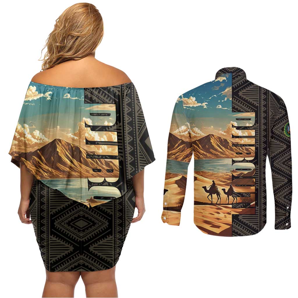 Djibouti Desert Landscape Tadjoura Couples Matching Off Shoulder Short Dress and Long Sleeve Button Shirt with Camel Riders and Tribal Pattern Design