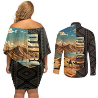 Djibouti Desert Landscape Tadjoura Couples Matching Off Shoulder Short Dress and Long Sleeve Button Shirt with Camel Riders and Tribal Pattern Design