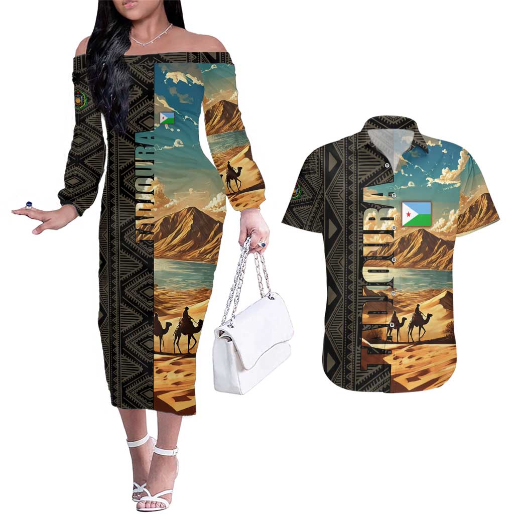 Djibouti Desert Landscape Tadjoura Couples Matching Off The Shoulder Long Sleeve Dress and Hawaiian Shirt with Camel Riders and Tribal Pattern Design