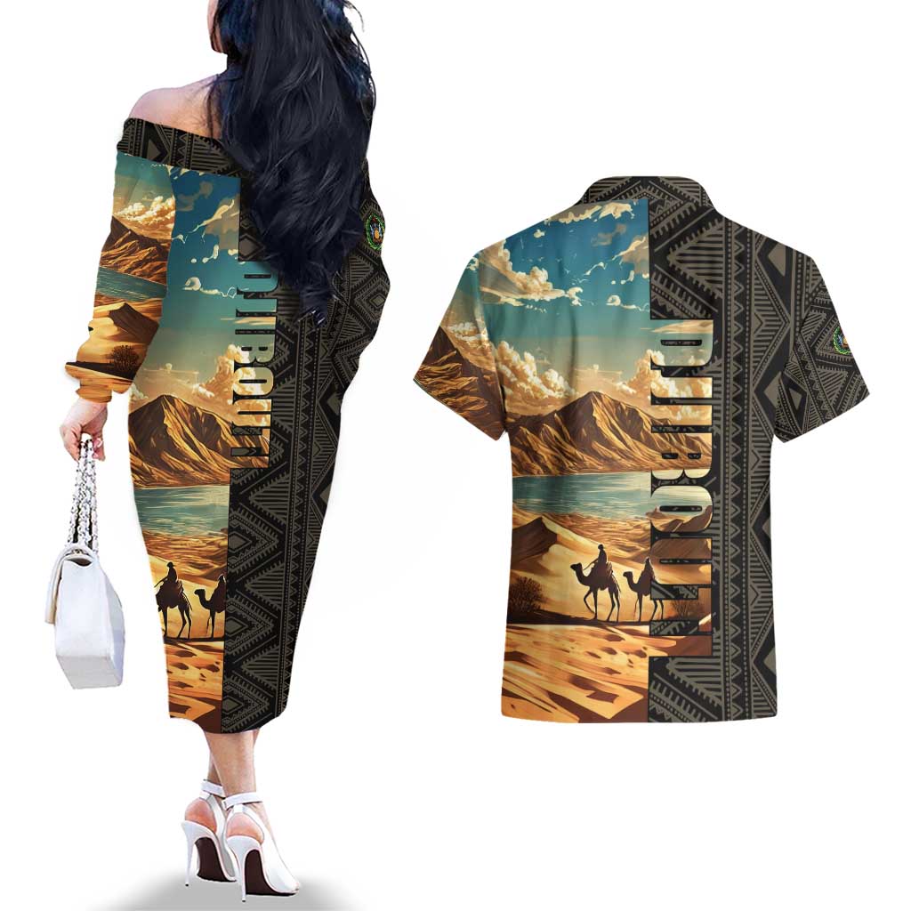 Djibouti Desert Landscape Tadjoura Couples Matching Off The Shoulder Long Sleeve Dress and Hawaiian Shirt with Camel Riders and Tribal Pattern Design