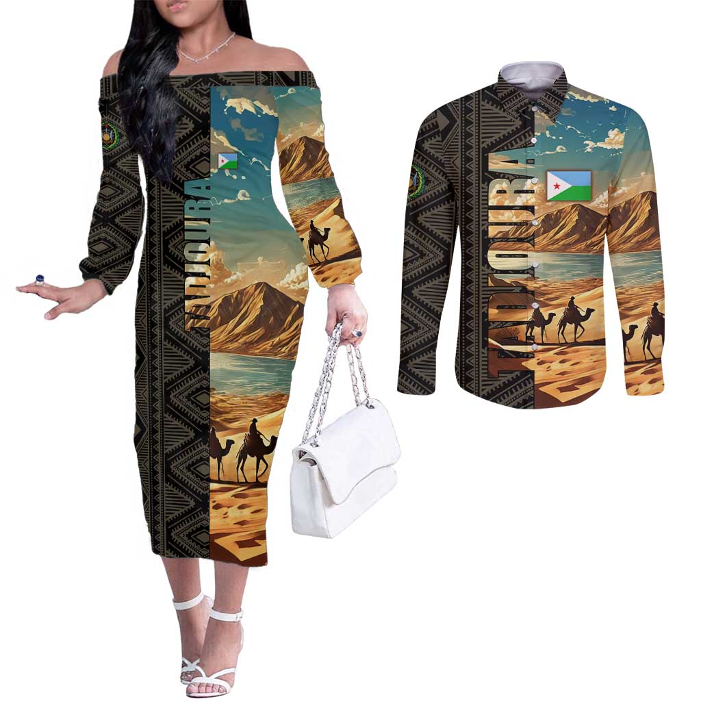 Djibouti Desert Landscape Tadjoura Couples Matching Off The Shoulder Long Sleeve Dress and Long Sleeve Button Shirt with Camel Riders and Tribal Pattern Design