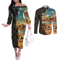 Djibouti Desert Landscape Tadjoura Couples Matching Off The Shoulder Long Sleeve Dress and Long Sleeve Button Shirt with Camel Riders and Tribal Pattern Design