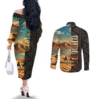 Djibouti Desert Landscape Tadjoura Couples Matching Off The Shoulder Long Sleeve Dress and Long Sleeve Button Shirt with Camel Riders and Tribal Pattern Design