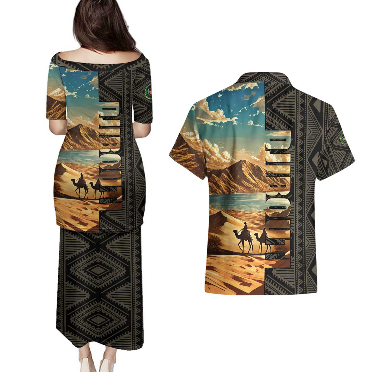 Djibouti Desert Landscape Tadjoura Couples Matching Puletasi and Hawaiian Shirt with Camel Riders and Tribal Pattern Design