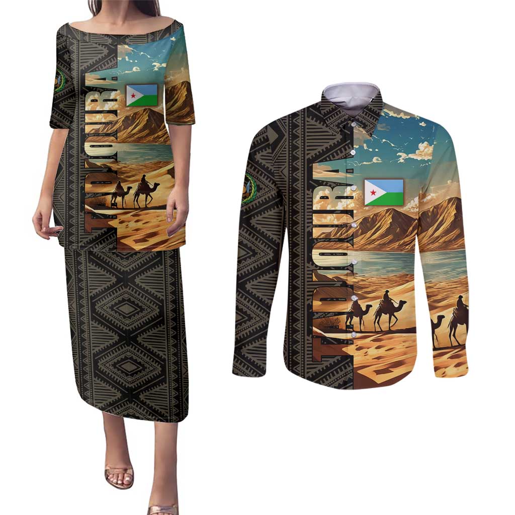 Djibouti Desert Landscape Tadjoura Couples Matching Puletasi and Long Sleeve Button Shirt with Camel Riders and Tribal Pattern Design