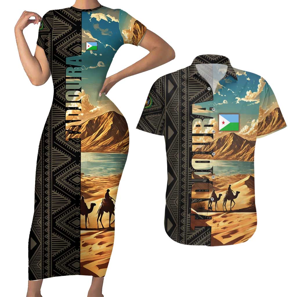 Djibouti Desert Landscape Tadjoura Couples Matching Short Sleeve Bodycon Dress and Hawaiian Shirt with Camel Riders and Tribal Pattern Design