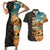 Djibouti Desert Landscape Tadjoura Couples Matching Short Sleeve Bodycon Dress and Hawaiian Shirt with Camel Riders and Tribal Pattern Design