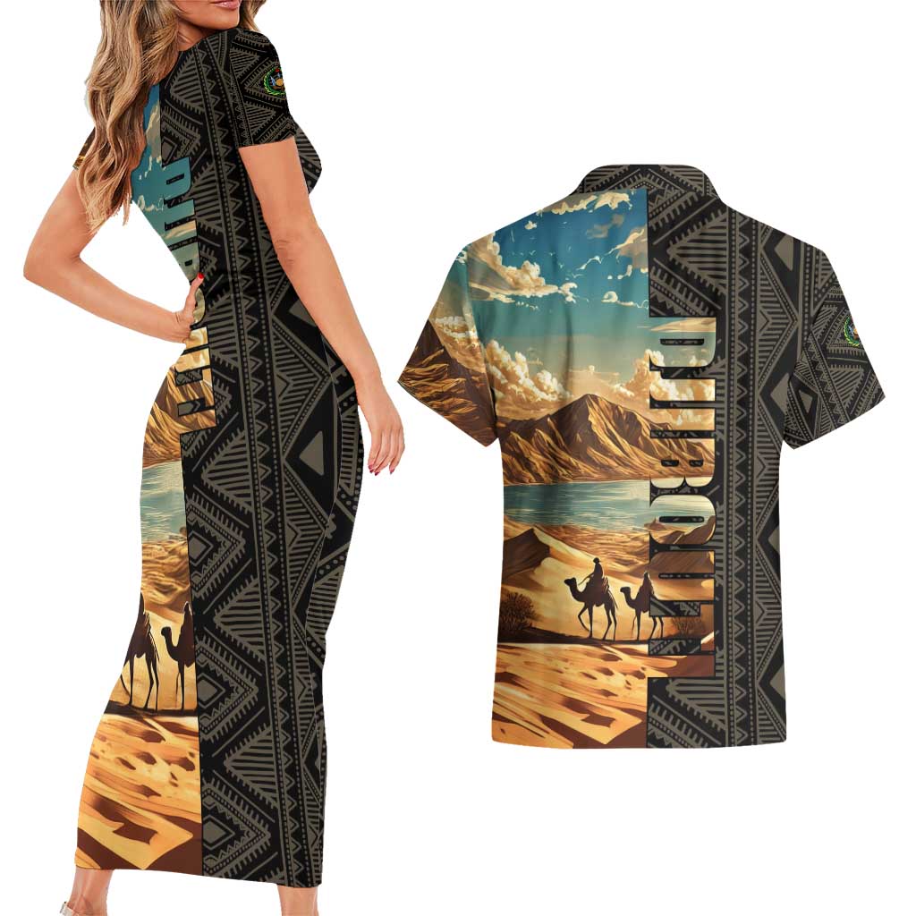 Djibouti Desert Landscape Tadjoura Couples Matching Short Sleeve Bodycon Dress and Hawaiian Shirt with Camel Riders and Tribal Pattern Design