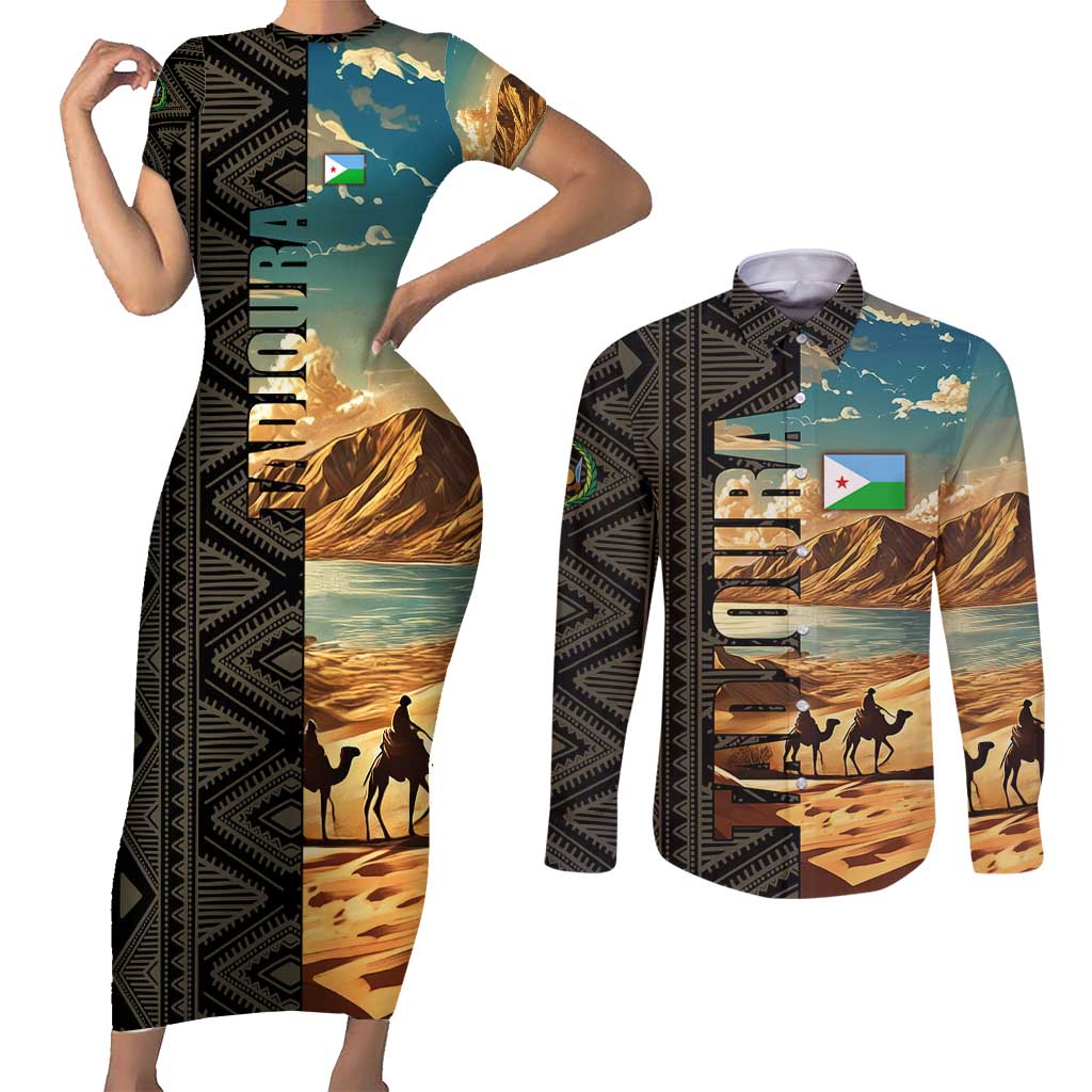Djibouti Desert Landscape Tadjoura Couples Matching Short Sleeve Bodycon Dress and Long Sleeve Button Shirt with Camel Riders and Tribal Pattern Design