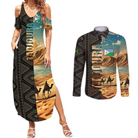 Djibouti Desert Landscape Tadjoura Couples Matching Summer Maxi Dress and Long Sleeve Button Shirt with Camel Riders and Tribal Pattern Design