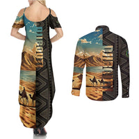 Djibouti Desert Landscape Tadjoura Couples Matching Summer Maxi Dress and Long Sleeve Button Shirt with Camel Riders and Tribal Pattern Design