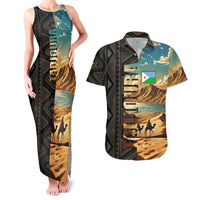Djibouti Desert Landscape Tadjoura Couples Matching Tank Maxi Dress and Hawaiian Shirt with Camel Riders and Tribal Pattern Design