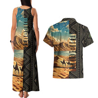 Djibouti Desert Landscape Tadjoura Couples Matching Tank Maxi Dress and Hawaiian Shirt with Camel Riders and Tribal Pattern Design