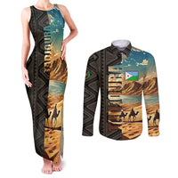 Djibouti Desert Landscape Tadjoura Couples Matching Tank Maxi Dress and Long Sleeve Button Shirt with Camel Riders and Tribal Pattern Design